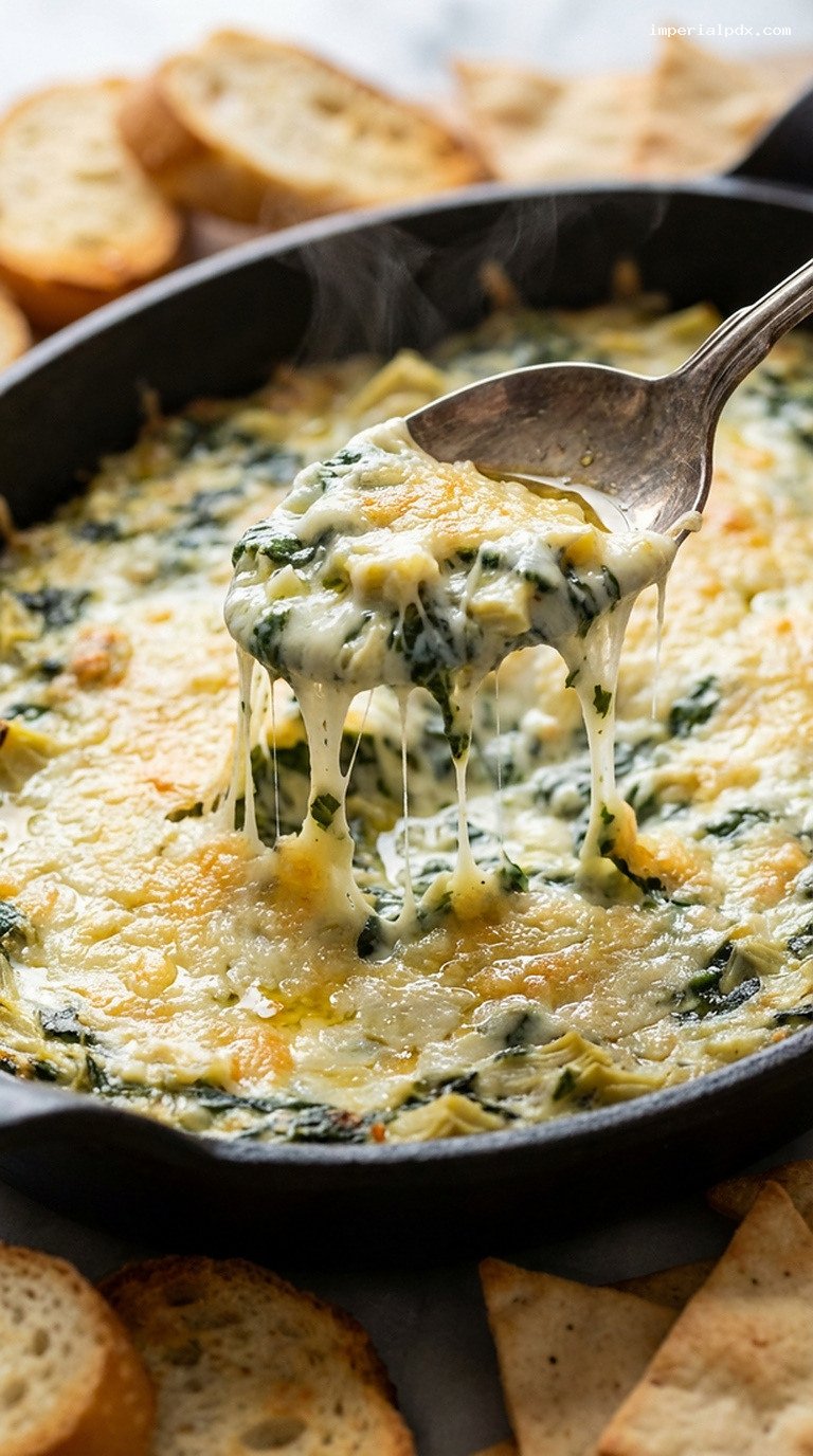 Gooey Skillet Spinach Artichoke Dip With Parmesan Crust – Closeup