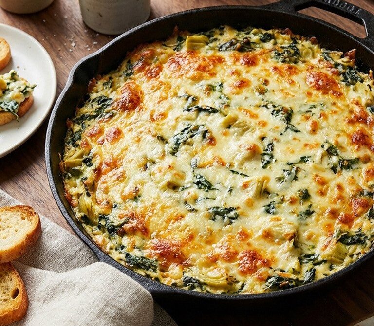 Gooey Skillet Spinach Artichoke Dip With Parmesan Crust