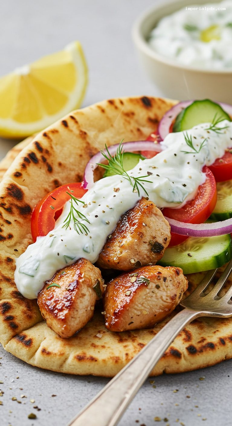 Greek Chicken Souvlaki Pita Wraps with Tzatziki – Closeup