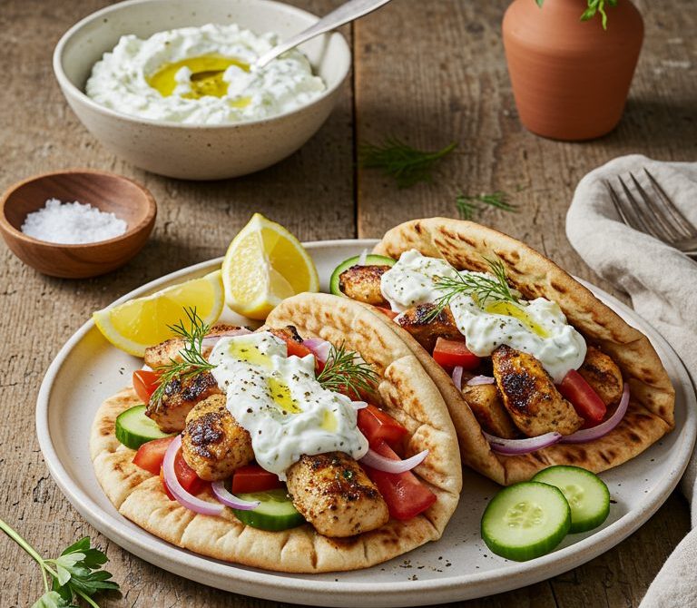 Greek Chicken Souvlaki Pita Wraps with Tzatziki