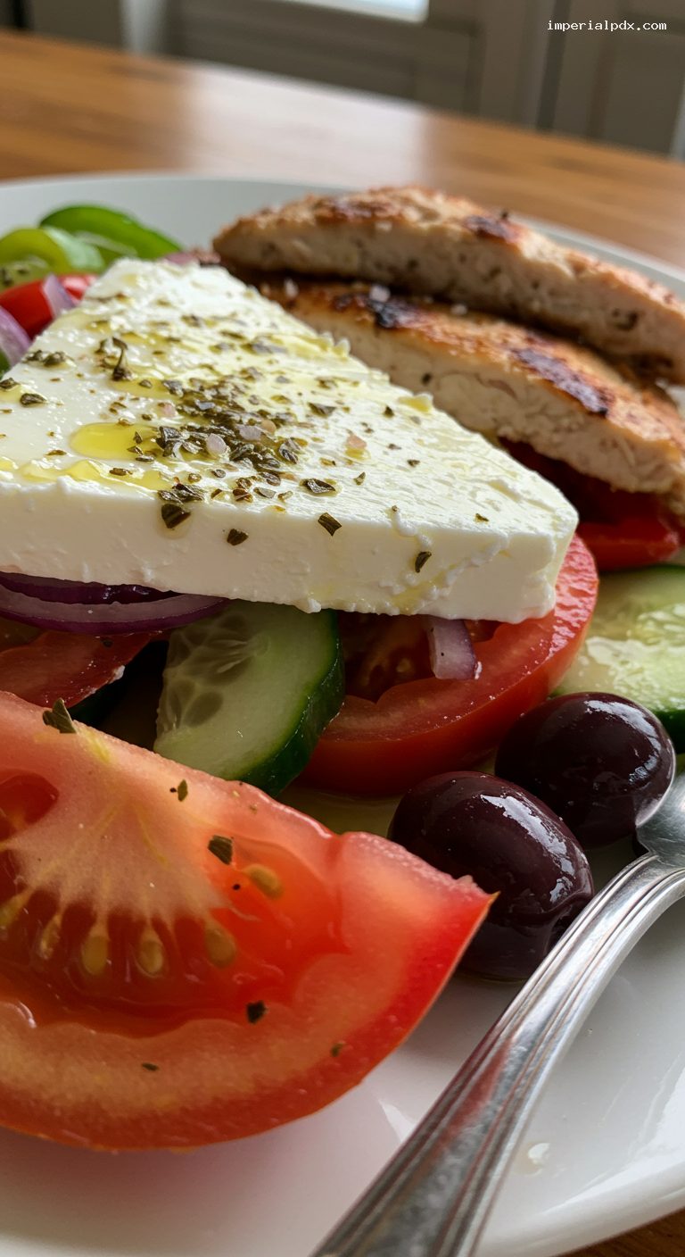 Greek Village Salad with Oregano Vinaigrette and Feta – Closeup