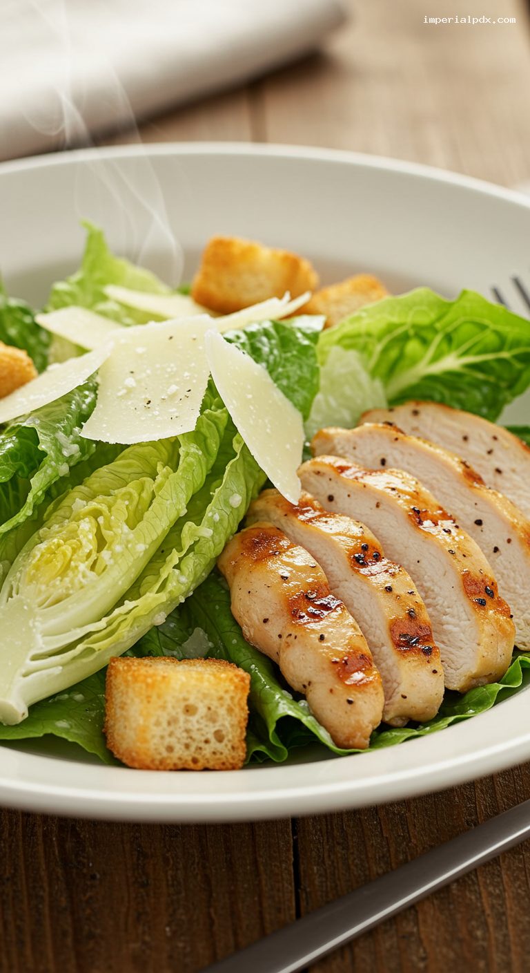Grilled Chicken Caesar Salad with Warm Croutons – Closeup