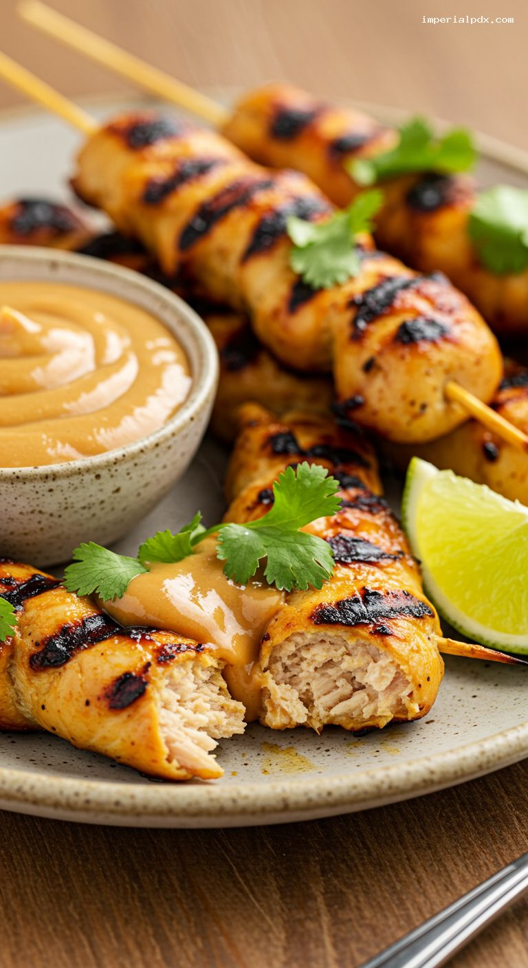 Grilled Chicken Satay with Creamy Peanut Sauce – Closeup