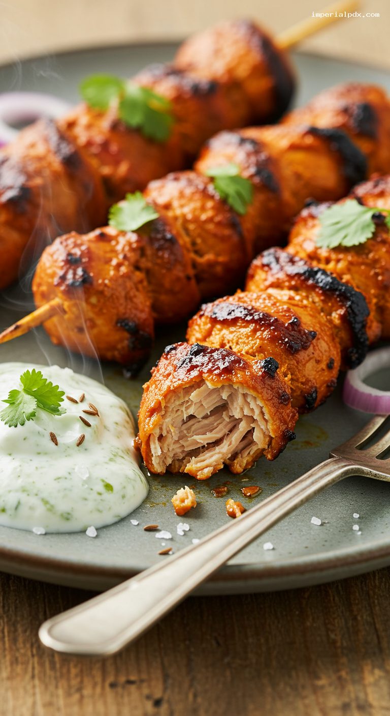 Grilled Chicken Tikka Skewers with Mint Chutney – Closeup