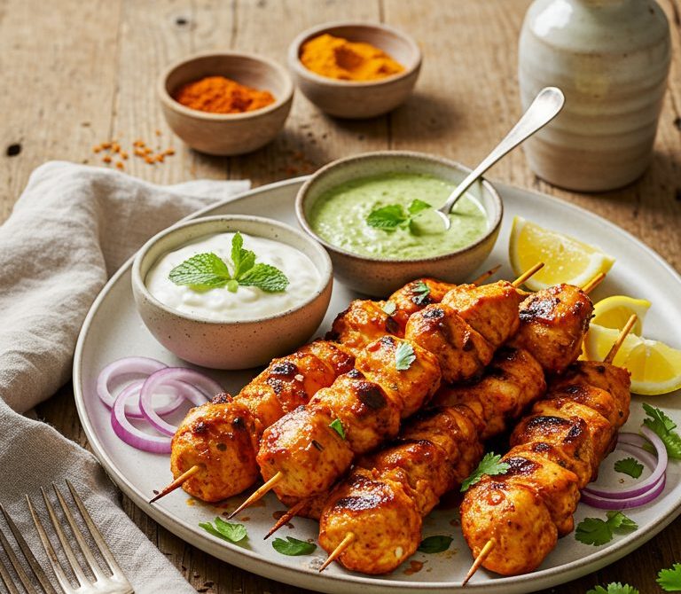 Grilled Chicken Tikka Skewers with Mint Chutney
