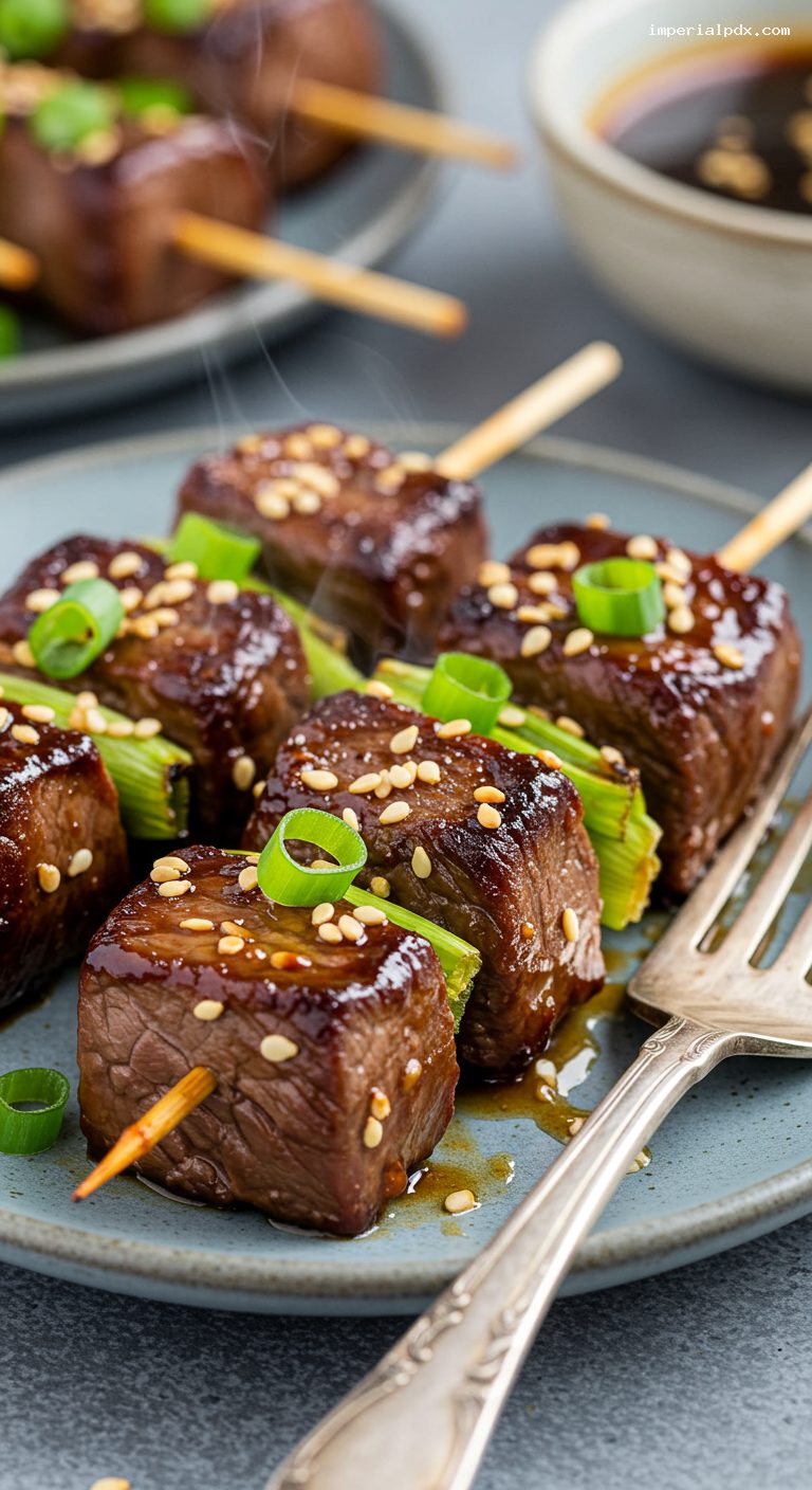 Grilled Teriyaki Beef Skewers with Sesame and Scallions – Closeup