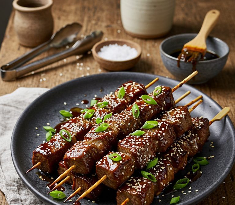 Grilled Teriyaki Beef Skewers with Sesame and Scallions