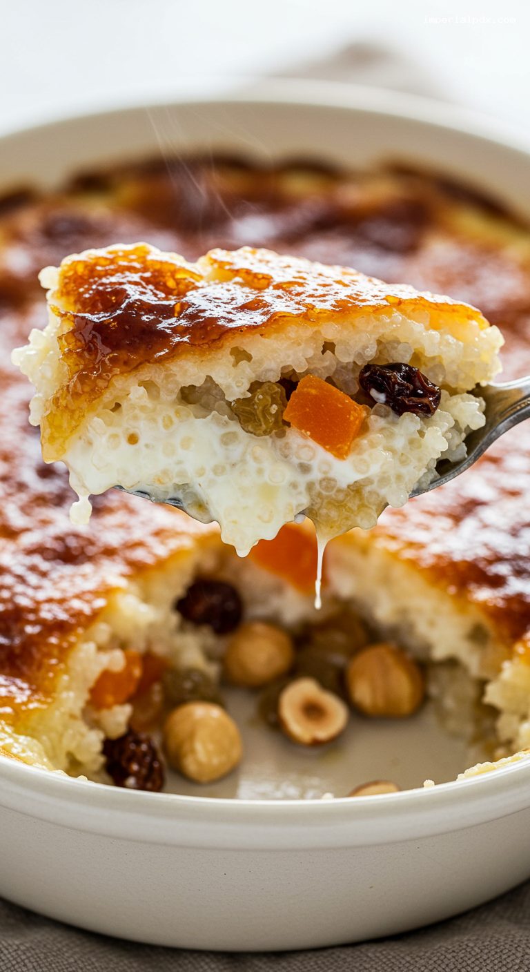 Guryevskaya Kasha with Caramelized Milk Skins and Nuts – Closeup