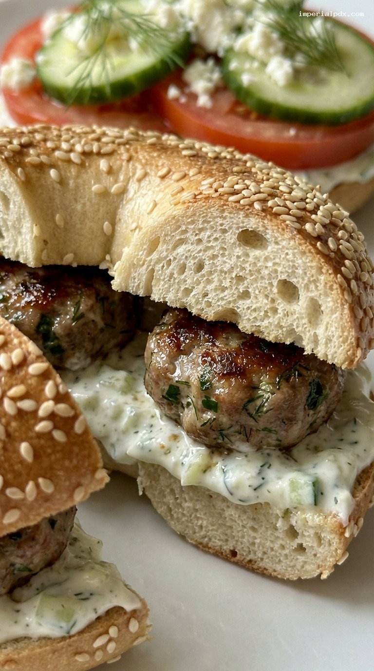 Gyro-Inspired Greek Lamb Meatball Bagel Sandwich – Closeup