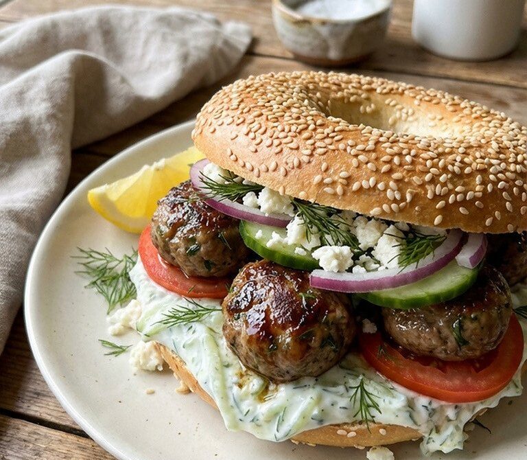 Gyro-Inspired Greek Lamb Meatball Bagel Sandwich