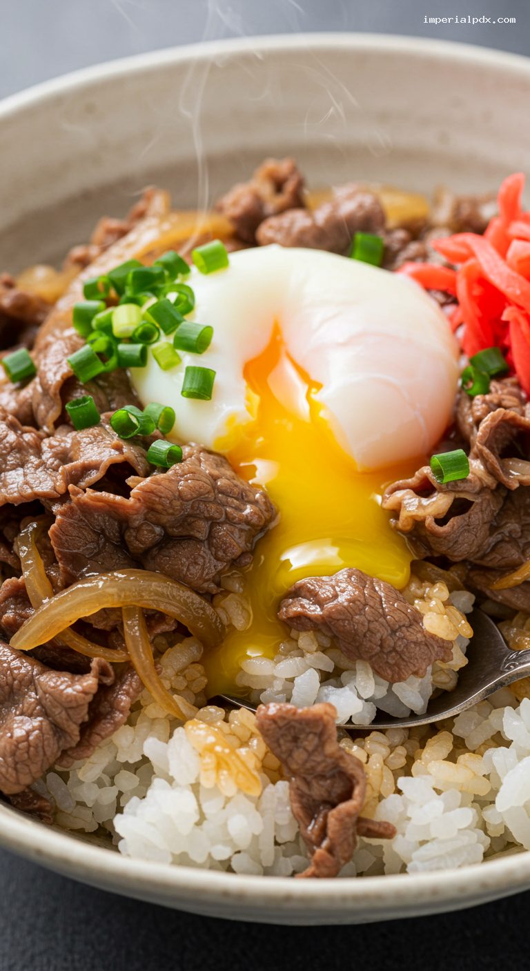 Gyudon Beef Bowl with Soft Egg and Scallions – Closeup