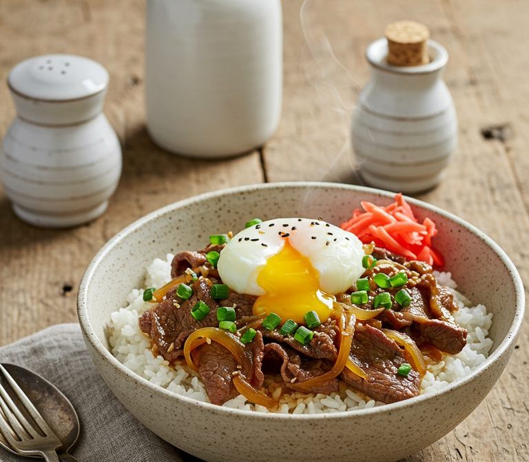 Gyudon Beef Bowl with Soft Egg and Scallions
