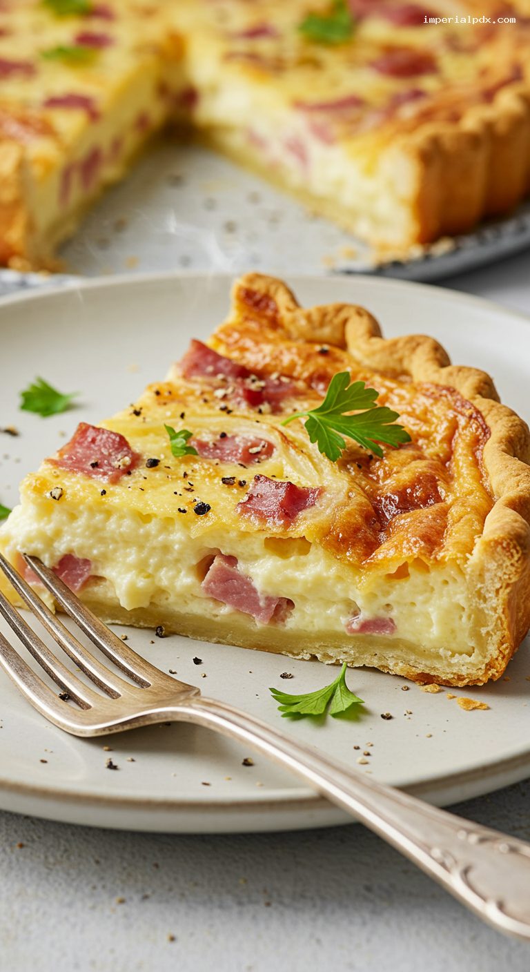 Ham and Cheese Tarta with Onions and Custard – Closeup