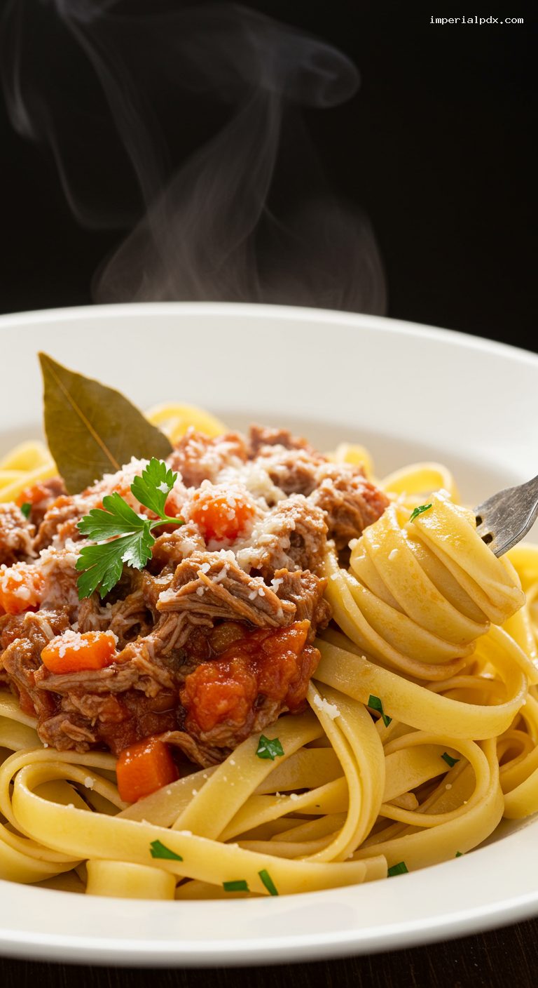 Hand-Cranked Egg Noodles with Slow-Cooked Beef Ragù – Closeup