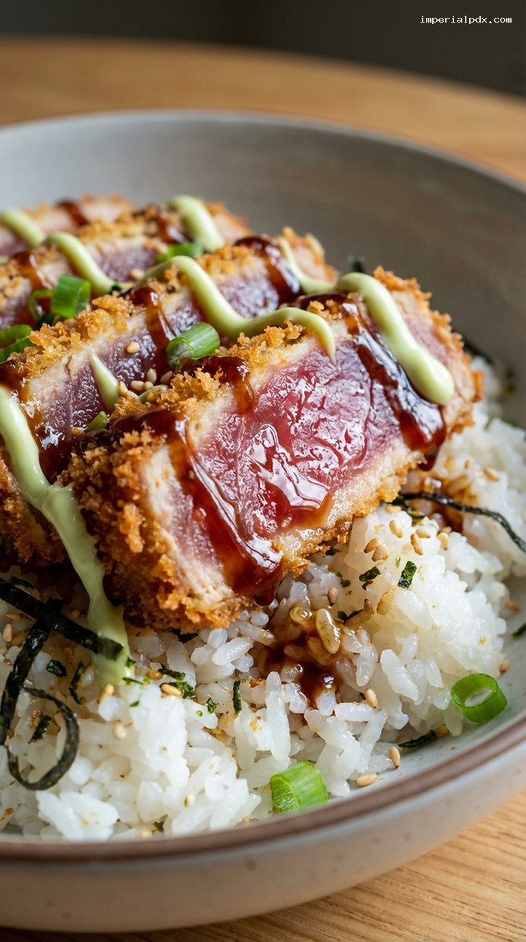 Hawaiian Ahi Katsu Rice Bowl With Wasabi Mayo – Closeup