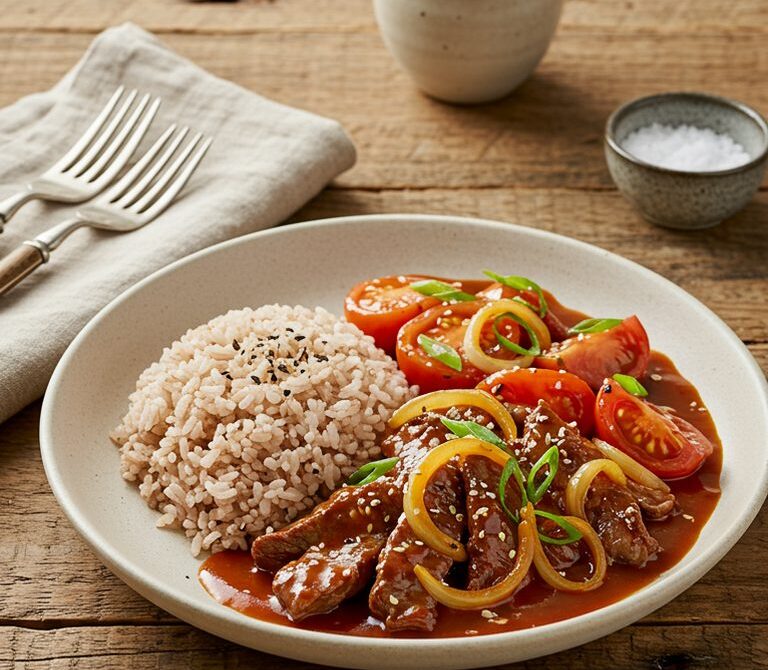 Hawaiian Beef Tomato with Sweet Onion and Rice
