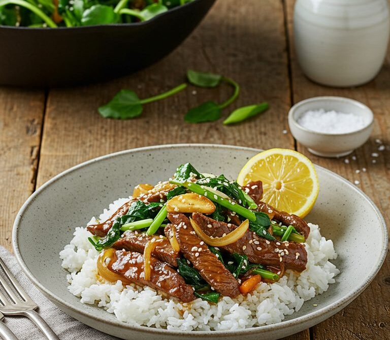 Hawaiian Beef Watercress Stir-Fry with Shoyu Gravy