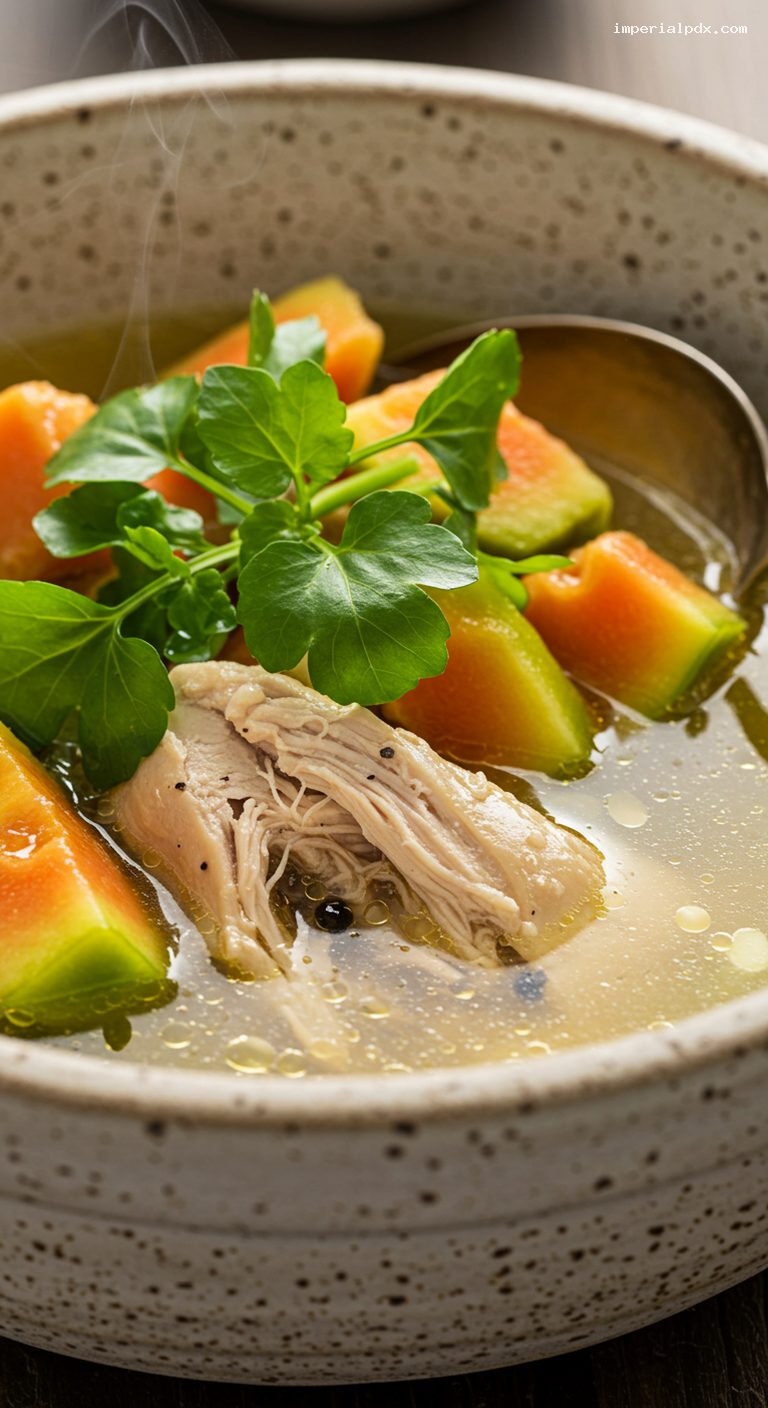 Hawaiian Chicken Papaya Soup with Watercress – Closeup