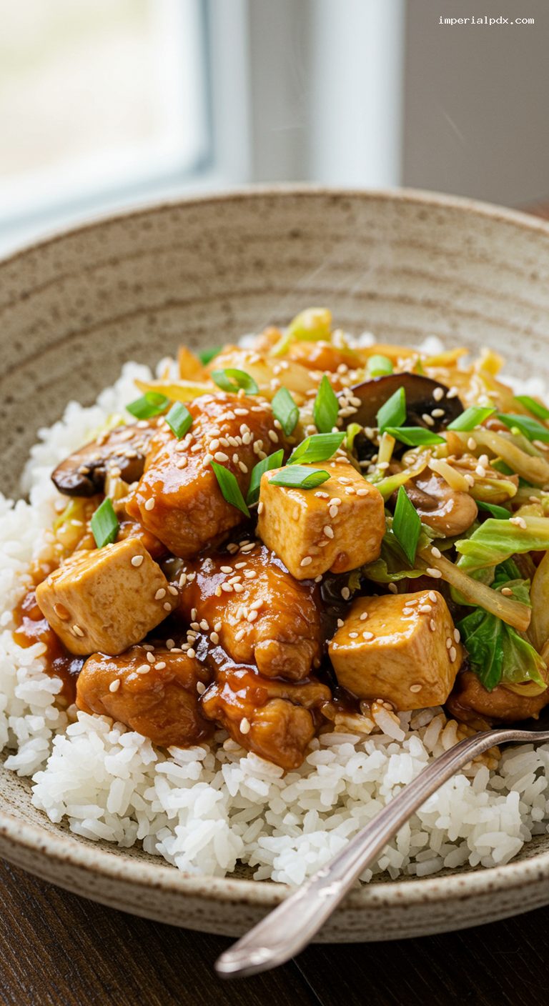 Hawaiian Chicken Tofu Stir-Fry with Shoyu Ginger Sauce – Closeup