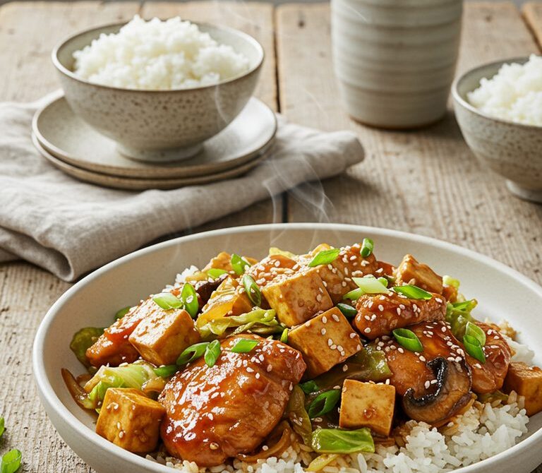 Hawaiian Chicken Tofu Stir-Fry with Shoyu Ginger Sauce