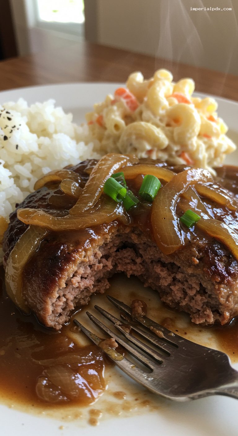 Hawaiian Hamburger Steak Plate with Onion Gravy and Mac Salad – Closeup