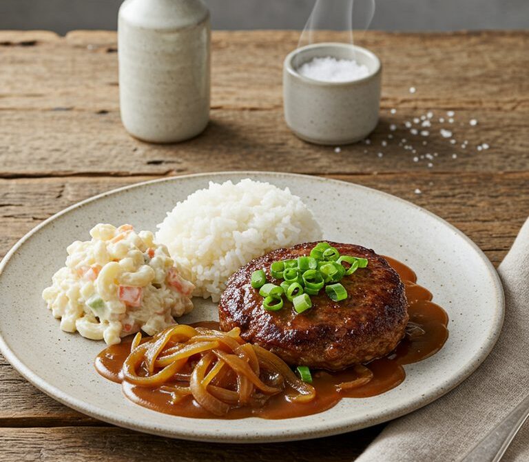 Hawaiian Hamburger Steak Plate with Onion Gravy and Mac Salad
