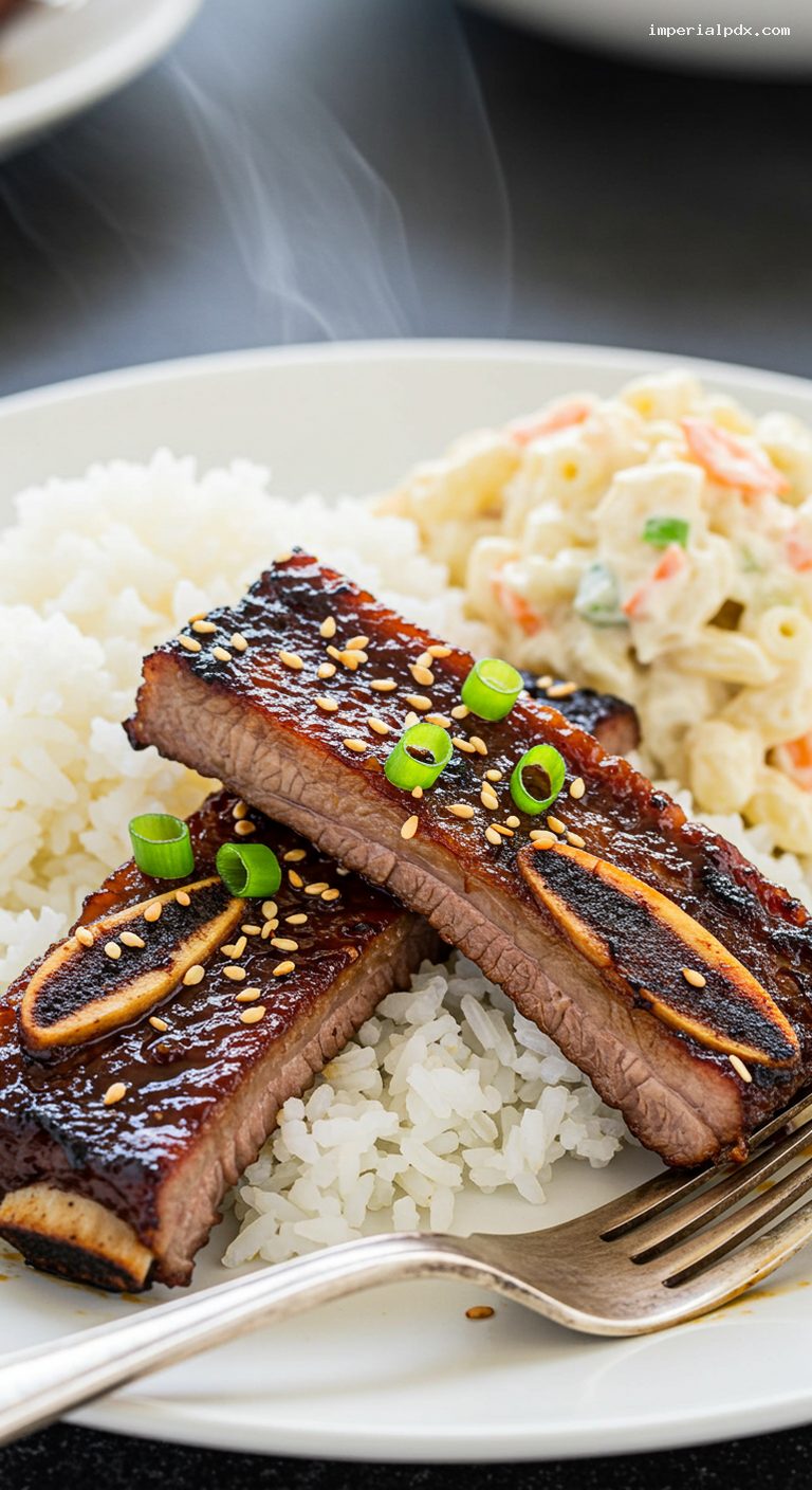 Hawaiian Kalbi Short Ribs Plate with Mac Salad – Closeup