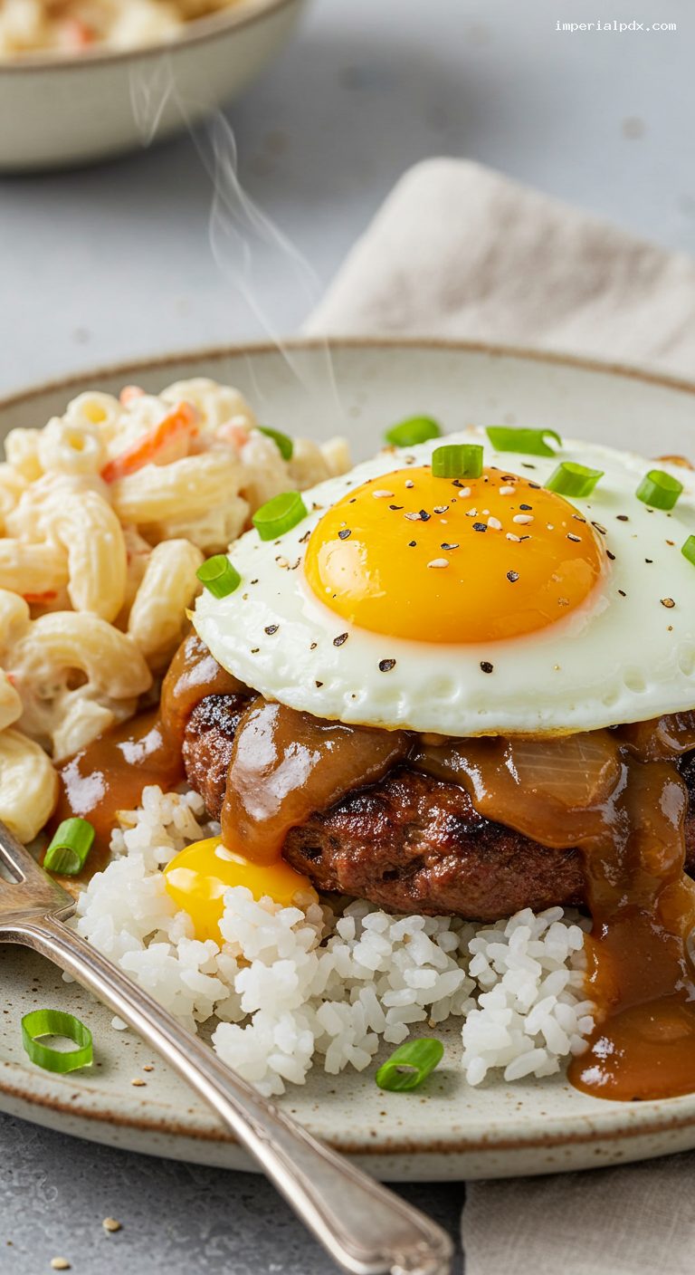 Hawaiian Loco Moco with Mac Salad – Closeup