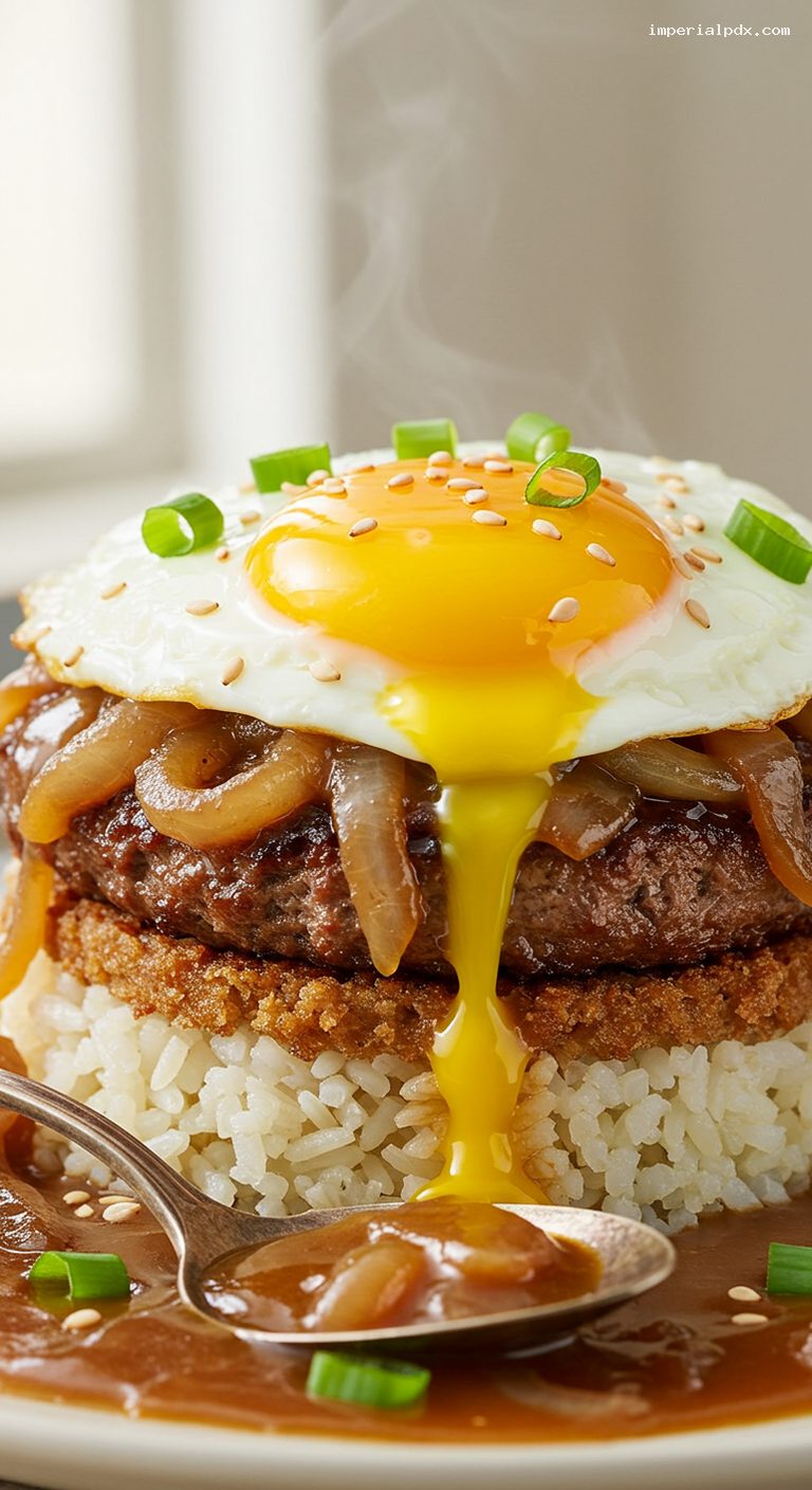 Hawaiian Loco Moco with Onion Gravy and Eggs – Closeup