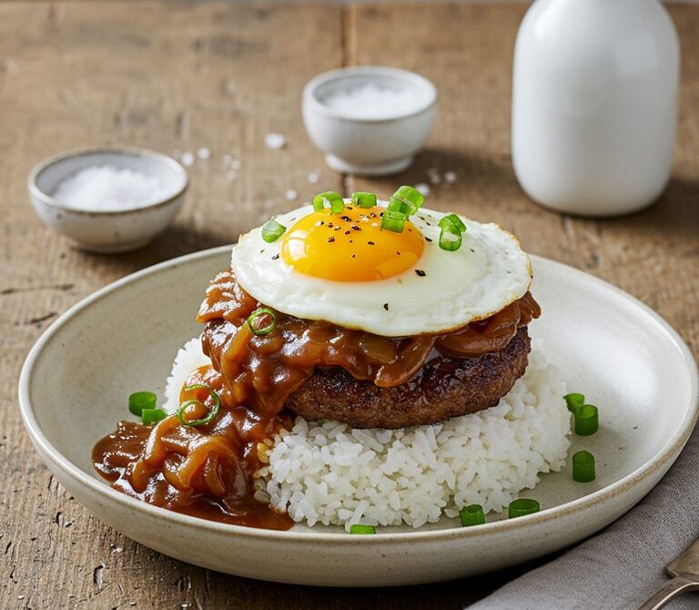 Hawaiian Loco Moco with Onion Gravy and Eggs
