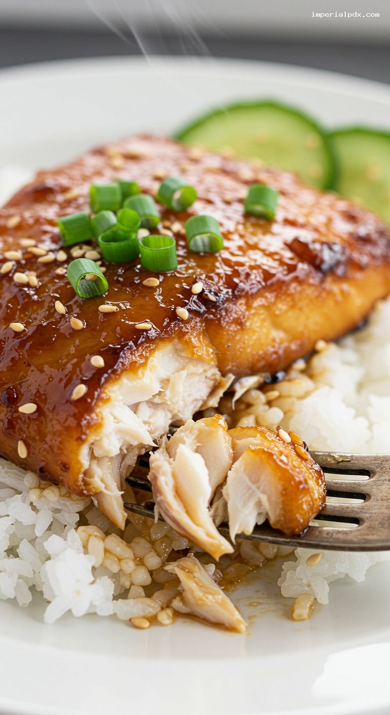 Hawaiian Miso Butterfish with Rice and Pickled Cucumbers – Closeup