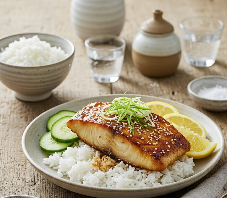 Hawaiian Miso Butterfish with Rice and Pickled Cucumbers