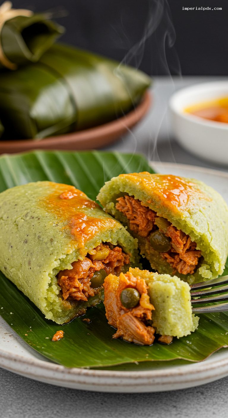 Hawaiian Pasteles with Pork Picadillo and Achiote Oil – Closeup