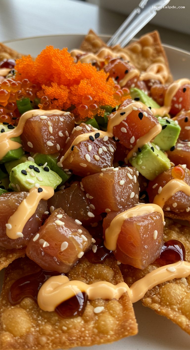 Hawaiian Poke Nachos with Spicy Mayo and Unagi Sauce – Closeup