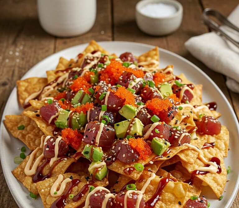 Hawaiian Poke Nachos with Spicy Mayo and Unagi Sauce