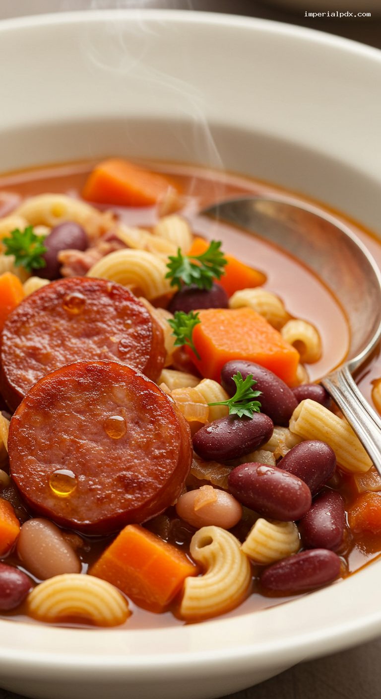 Hawaiian Portuguese Bean Soup with Sausage and Macaroni – Closeup