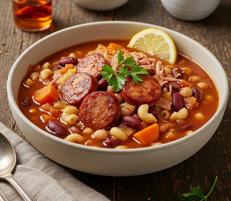 Hawaiian Portuguese Bean Soup with Sausage and Macaroni