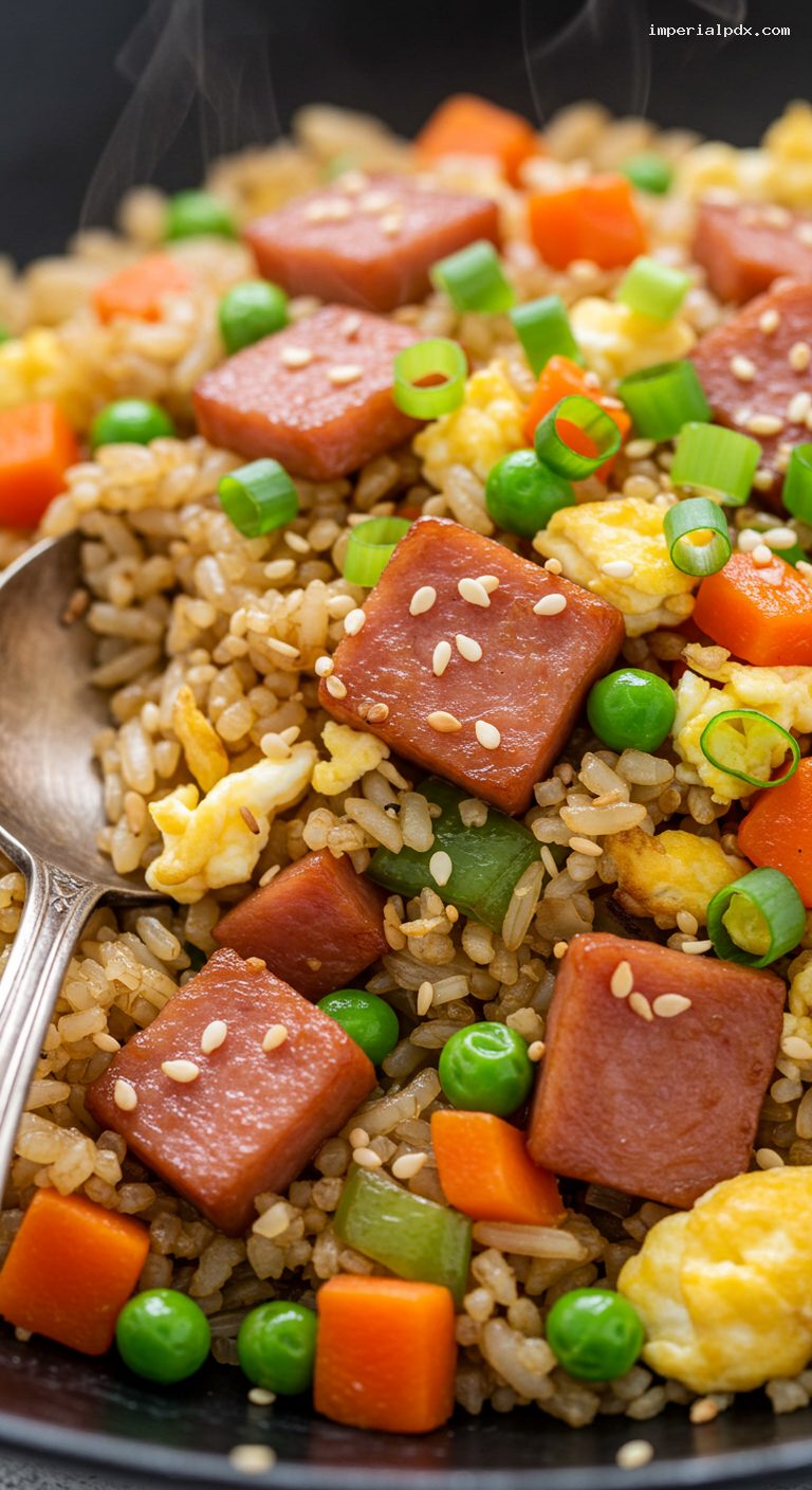 Hawaiian Spam Fried Rice with Shoyu and Sesame – Closeup