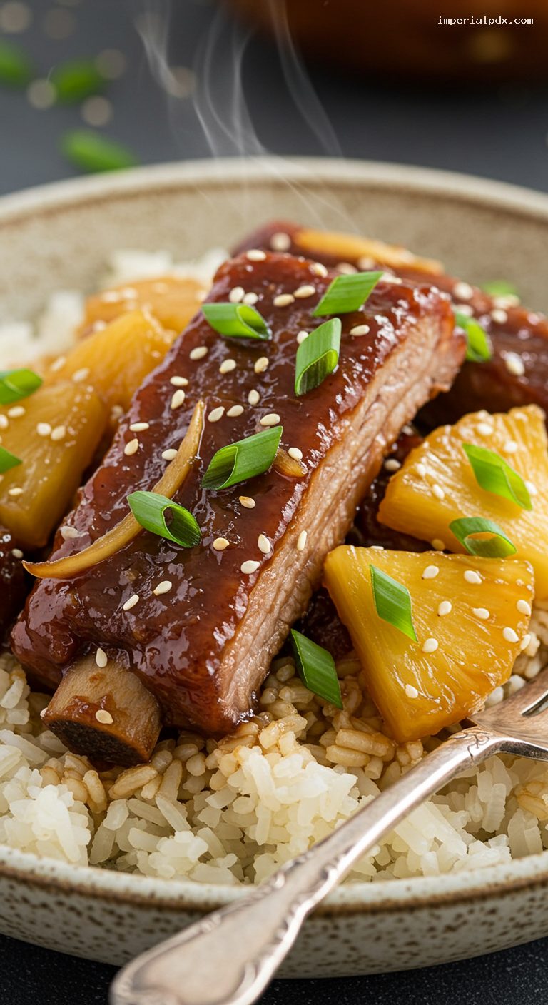 Hawaiian Sweet-and-Sour Spareribs Over Rice – Closeup