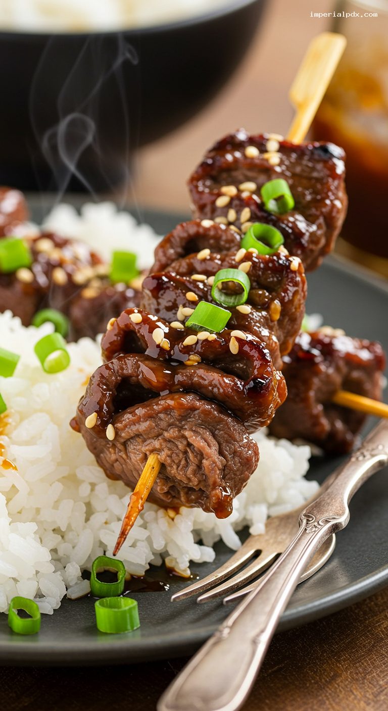 Hawaiian Teri Beef Sticks Over Rice – Closeup