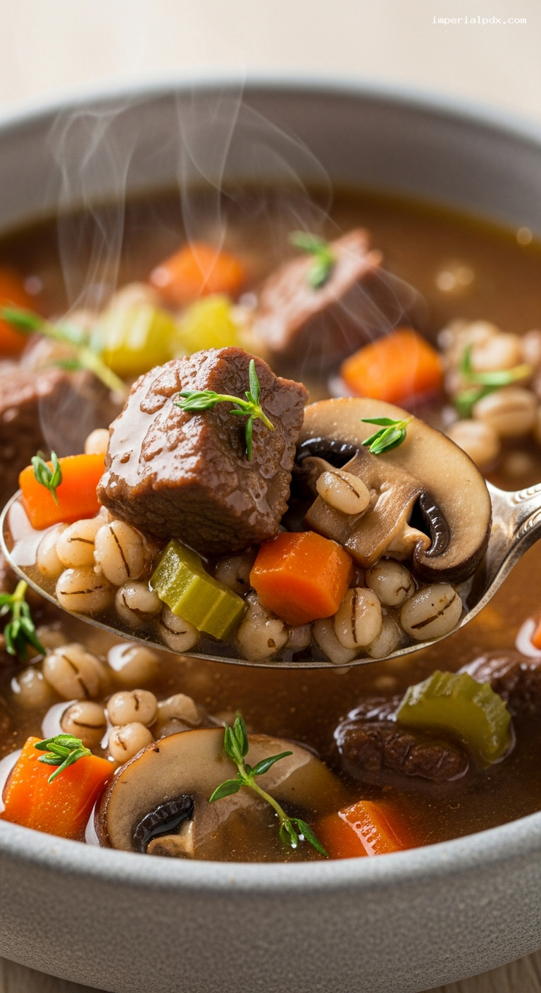 Hearty Beef and Barley Mushroom Stew – Closeup