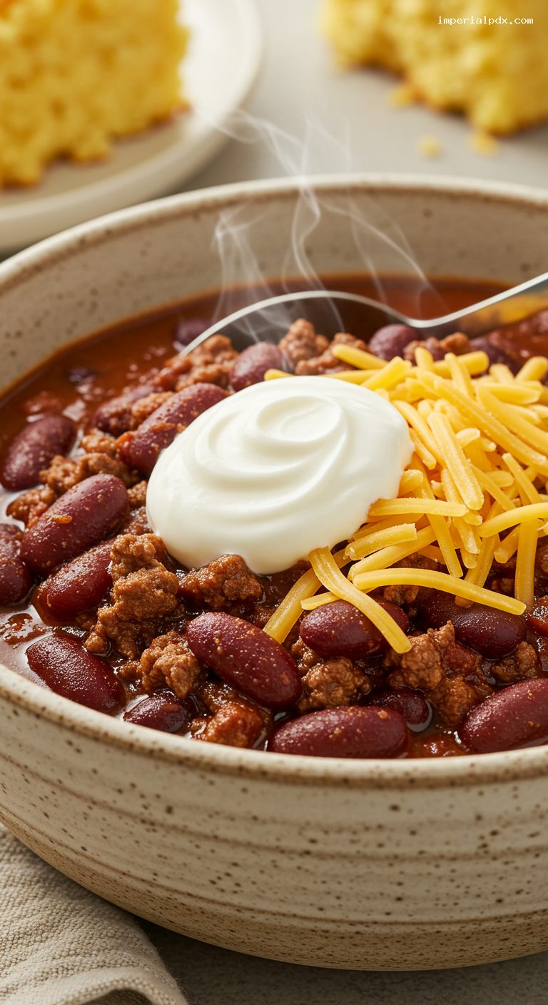 Hearty Beef and Bean Chili with Toppings – Closeup