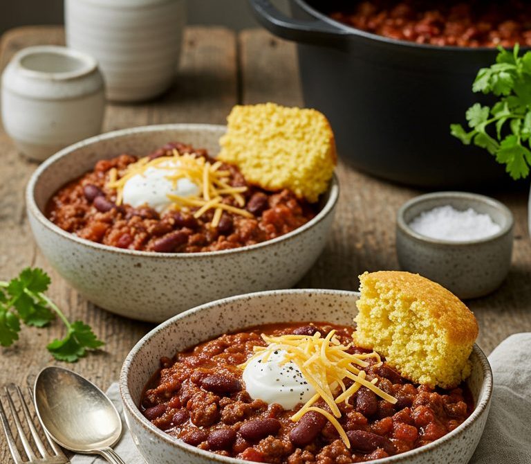 Hearty Beef and Bean Chili with Toppings