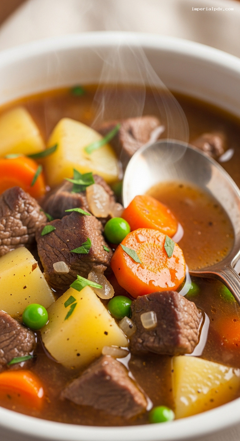 Hearty Beef and Vegetable Soup with Rich Broth – Closeup