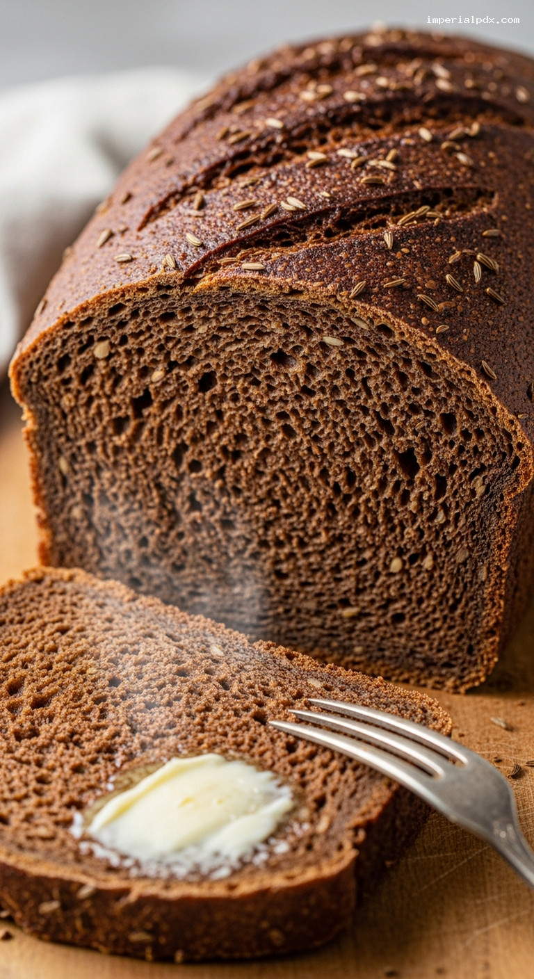 Hearty Cocoa-Rye Pumpernickel Loaf with Caraway – Closeup