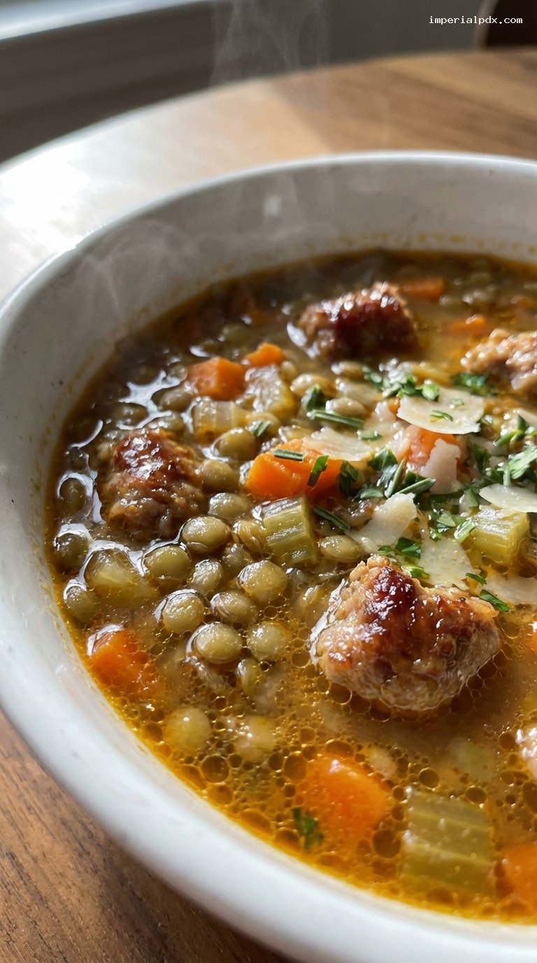 Hearty Italian Sausage and Lentil Soup with Rosemary – Closeup