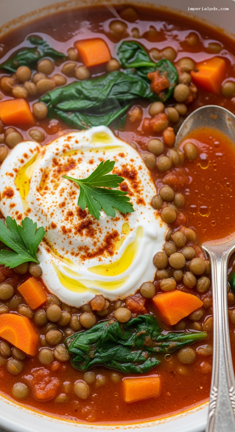 Hearty Lentil and Vegetable Soup with Warm Spices – Closeup