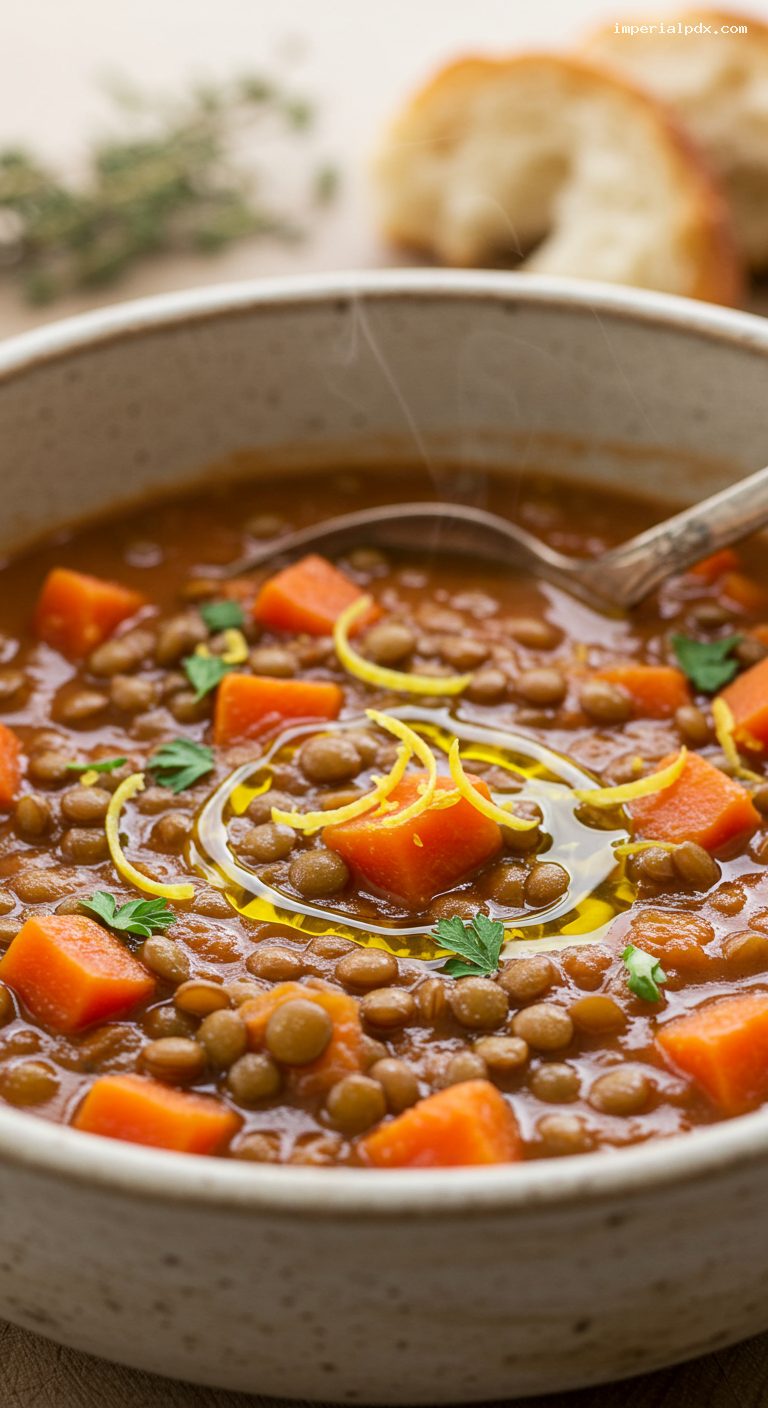 Hearty Lentil Soup with Herbs and Lemon – Closeup