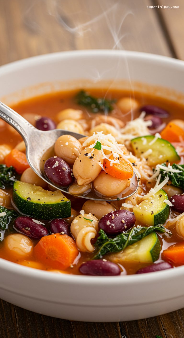 Hearty Minestrone with Beans, Zucchini, and Parmesan – Closeup