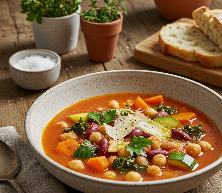 Hearty Minestrone with Beans, Zucchini, and Parmesan